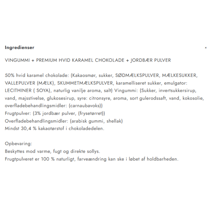 Ingredienser for vingummi med hvid karamel chokolade og jordbær pulver fra Delikatessehuset.