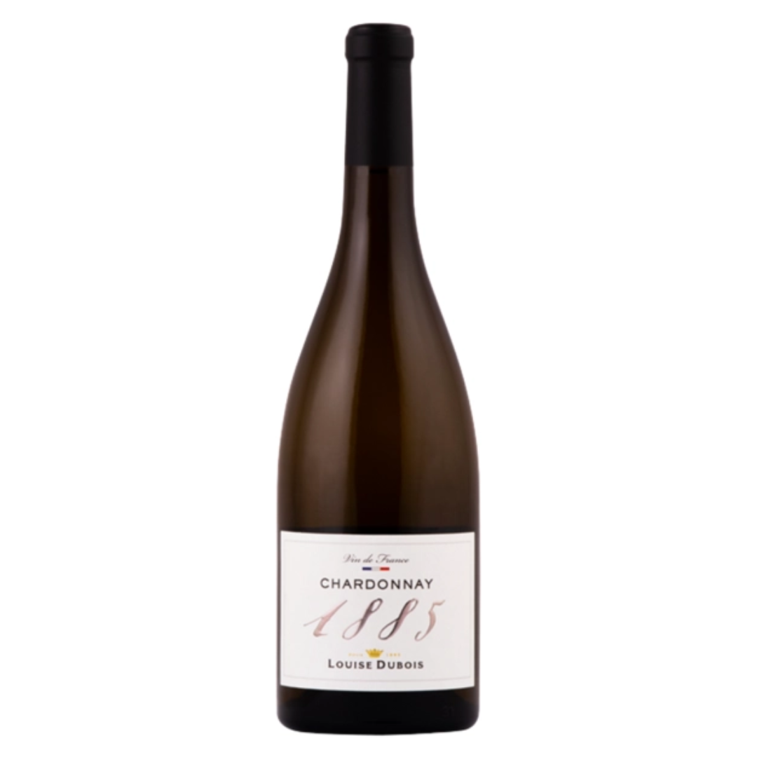 Flaske med Louise Dubois 1885 Chardonnay, en fransk hvidvin fra Delikatessehusets vinsortiment.