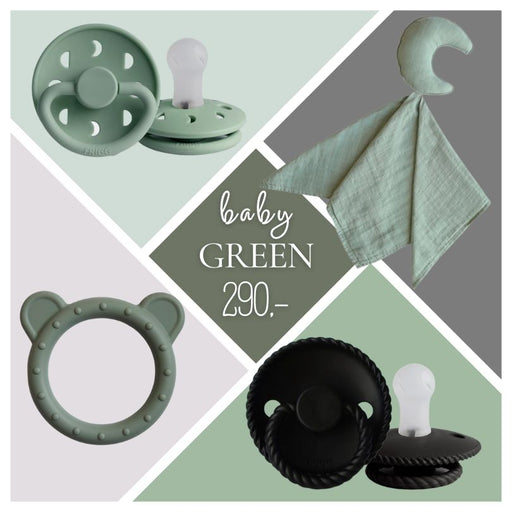 Barselsgave. Giv en lækker babypakke i grøn til den nyfødte. Indeholder sutter, bidering og nusseklud.