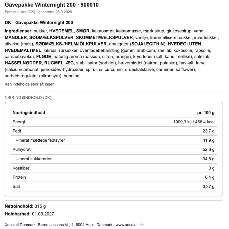 Varedeklaration – Julegave med chokolade og brunkager