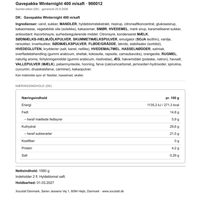 Varedeklaration – Julekasse med chokolade og smørkarameller