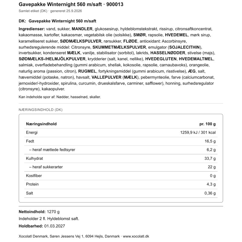 Varedeklaration – Julekasse med chokolade og salte snacks