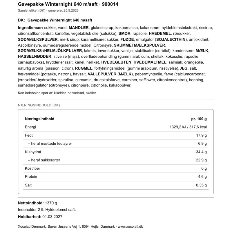 Varedeklaration – Julekasse med chokoladebog og hyldeblomstsaft
