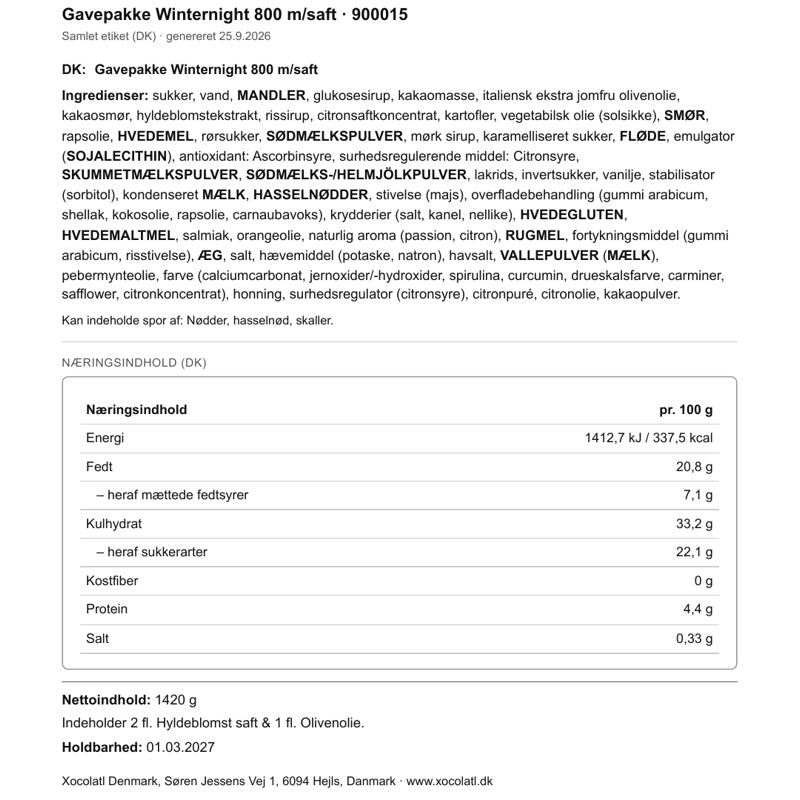 Varedeklaration – Julekasse med olivenolie og søde specialiteter
