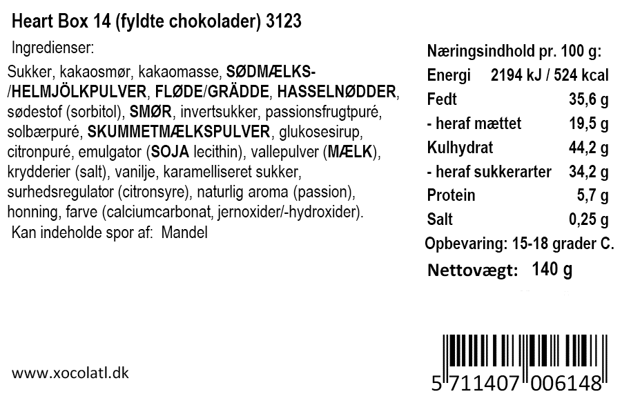 Ingrediensliste og næringsindhold for Heart Box 14 fyldte chokolader fra Xocolatl.