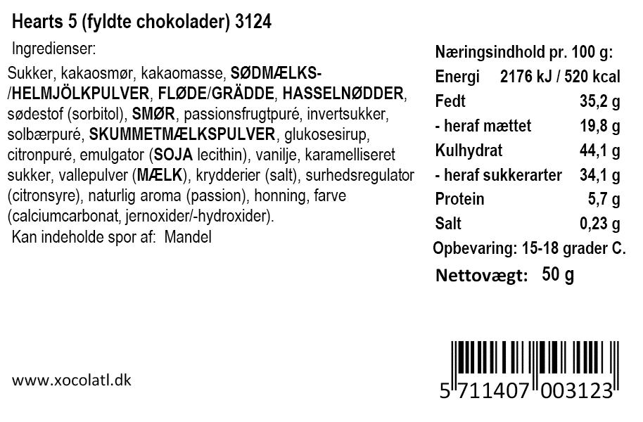 Ingrediensliste og næringsindhold for Hearts 5 fyldte chokolader fra Xocolatl til Mors Dag.