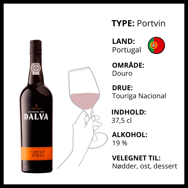 Infografik om Dalva Tawny Porto 37,5 cl med detaljer om drue, land og alkoholprocent.