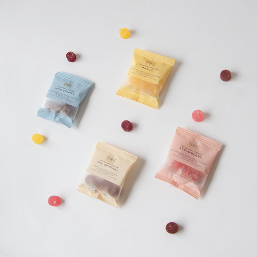 Sampak med vingummi fra Box the original med lækre smage som mange, skovbær, lakrids og jordbær.