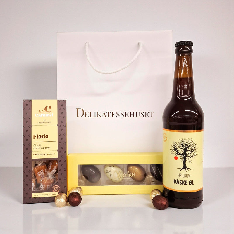 Lækker påskegave med påskeøl, chokoladeæg og karameller fra Delikatessehuset til værtsgave eller firmahilsen.