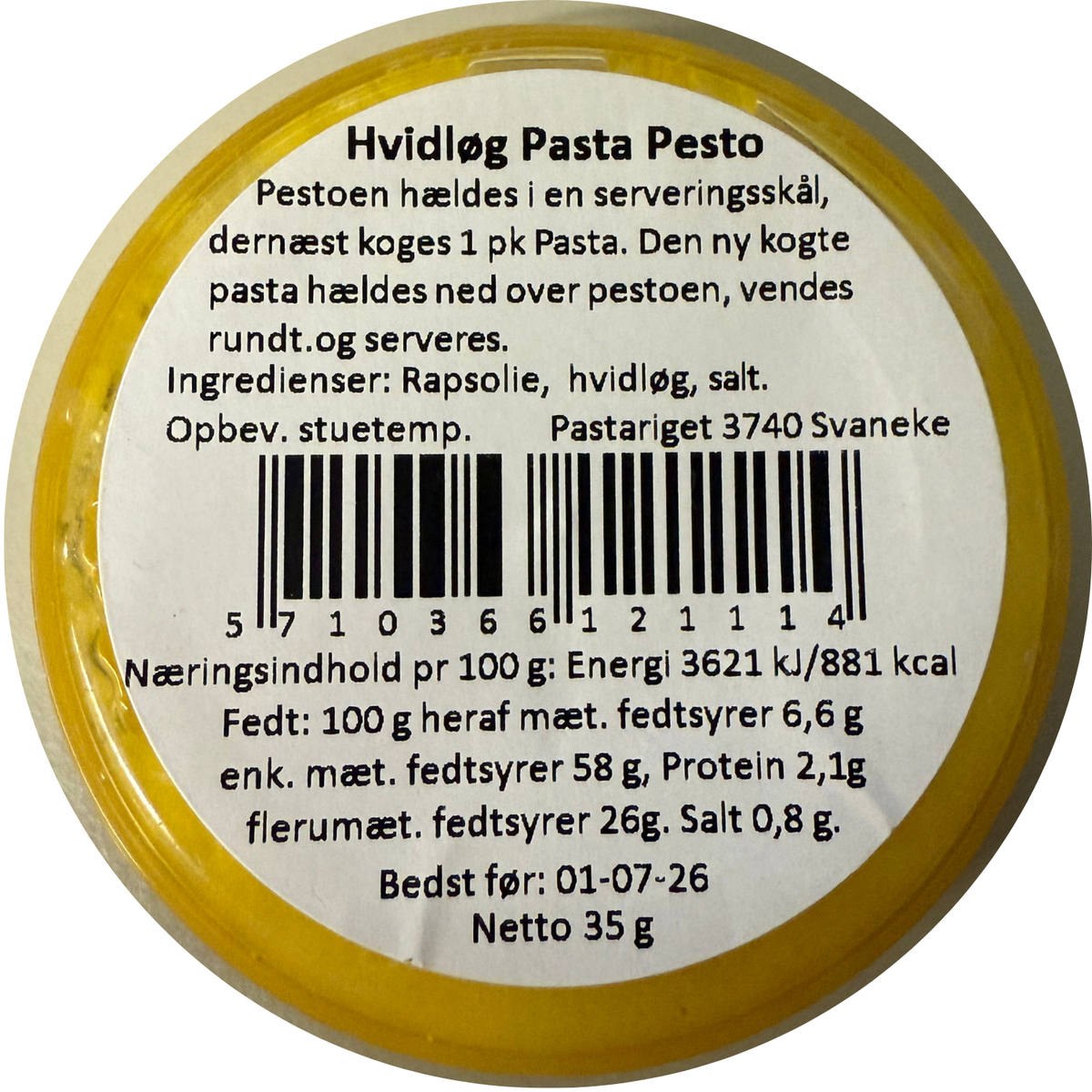 Bagsiden af Hvidløg Pasta Pesto fra Pastariget Bornholm med ingrediensliste og næringsindhold.