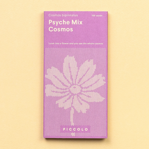 Frøpose med Cosmos Psyche Mix blomsterfrø fra Piccolo Seeds – store blomster i crimson, lavendel-rosa og hvid