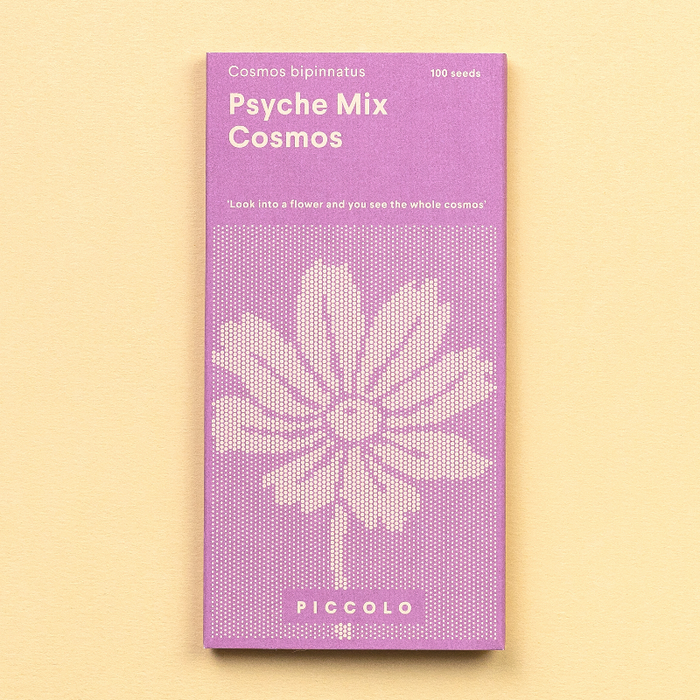 Frøpose med Cosmos Psyche Mix blomsterfrø fra Piccolo Seeds – store blomster i crimson, lavendel-rosa og hvid