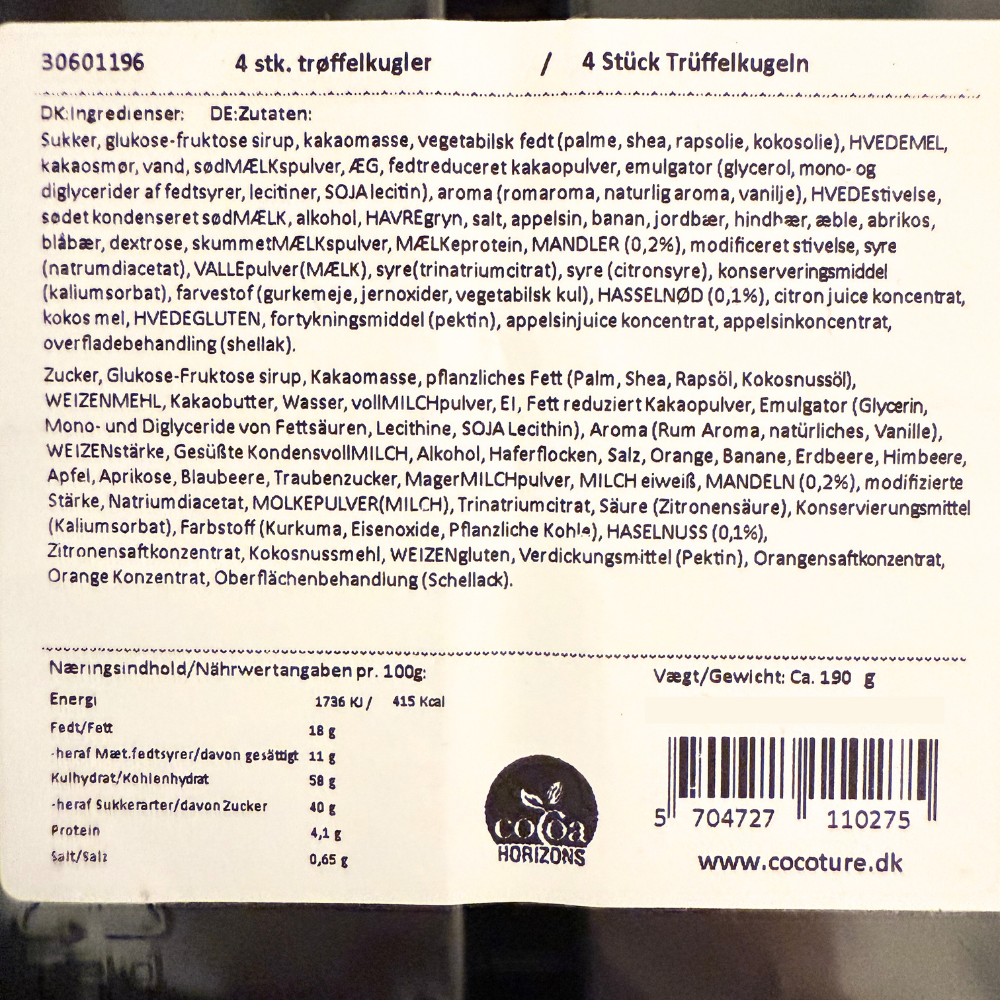 Ingrediensliste og næringsindhold for Cocoture trøffelkugler i gaveæske med 4 stk.