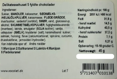 Ingrediensliste og næringsindhold for Delikatessehuset gaveæske med 5 fyldte chokolader fra Xocolatl.