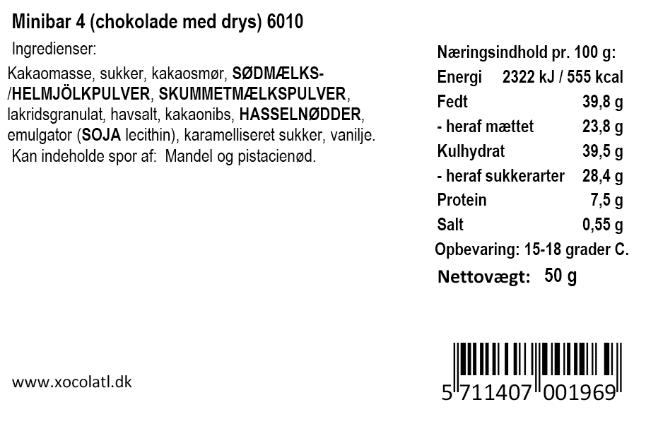 Varedeklaration og næringsindhold for Minibar 4 chokolade med drys fra Xocolatl.