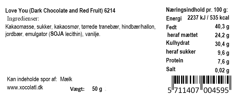 Næringsindhold og ingrediensliste for Xocolatl Love You mørk chokolade med røde bær.
