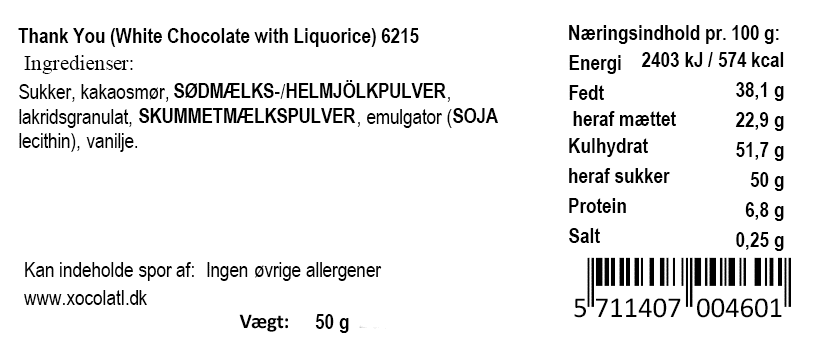 Ingrediensliste og næringsindhold for Thank You hvid chokolade med lakrids fra Xocolatl.