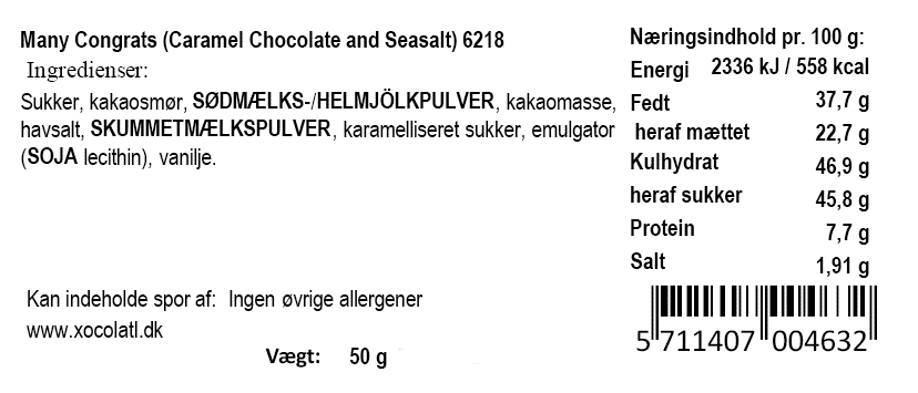 Varedeklaration med ingredienser og næringsindhold for Many Congrats karamelchokolade fra Xocolatl.