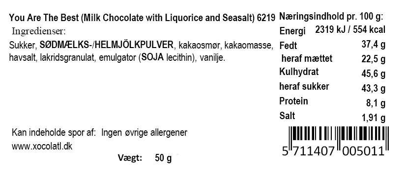 Varedeklaration og næringsindhold for You Are The Best mælkechokolade med lakrids og havsalt.