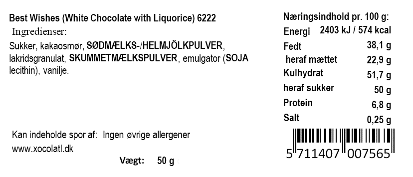 Næringsindhold og ingrediensliste for Best Wishes hvid chokolade med lakrids fra Xocolatl.