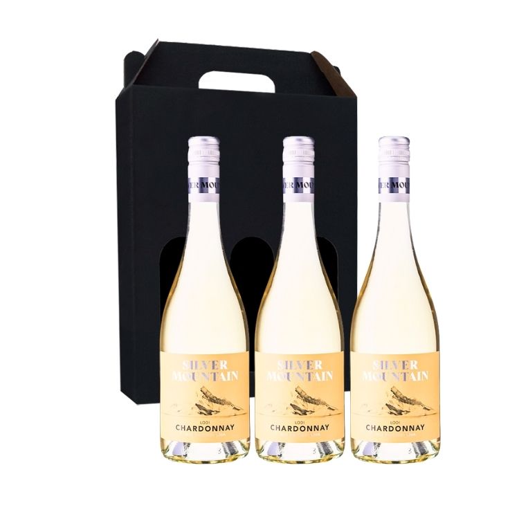 Gaveæske med tre flasker Silver Mountain Chardonnay hvidvin som firmagave eller vingave.