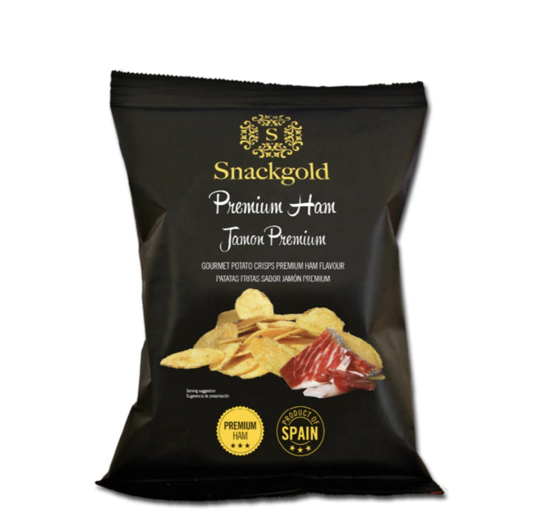Snackgold Premium Ham gourmet chips i pose fra Spanien, sprøde kartoffelchips med skinke smag.