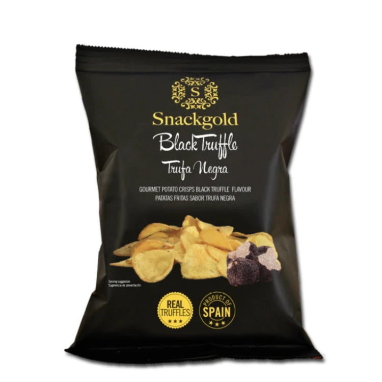 Snackgold gourmet chips med Black Truffle Trufa Negra smag i sort pose.