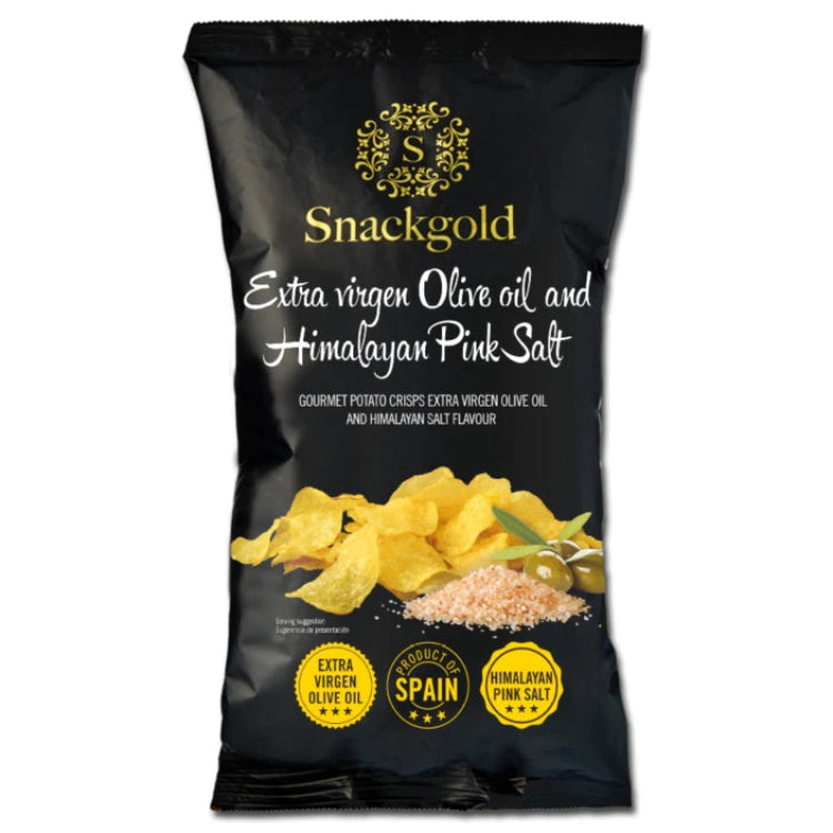 Snackgold kartoffelchips med extra jomfru olivenolie og lyserødt himalayasalt i sort pose fra Spanien.