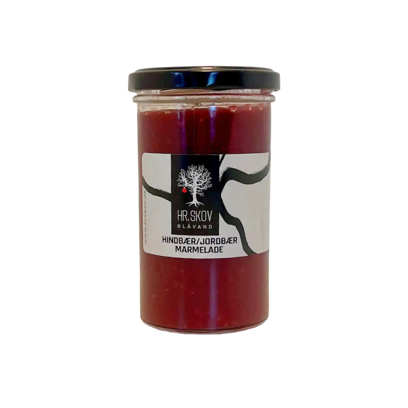 Et glas Hr. Skov Hindbær og Jordbær marmelade fra Blåvand til ost og brød.