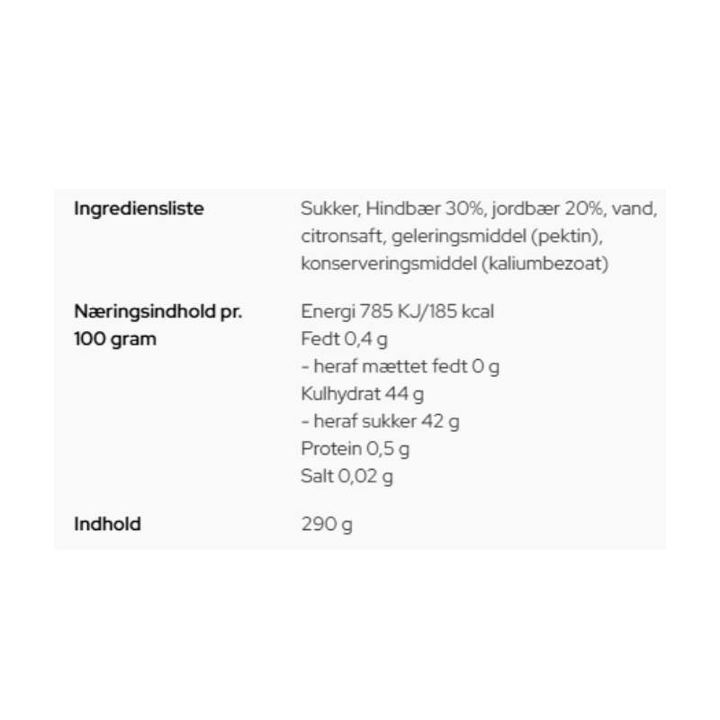 Oversigt over ingredienser og næringsindhold for marmelade med hindbær og jordbær.