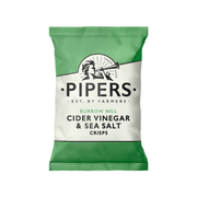 Pipers Burrow Hill Cider Vinegar og Sea Salt crisps i en grøn pose.