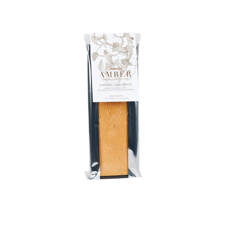 Summerbird Amber Liquorice økologisk chokoladebar med karamelliseret hvid chokolade og lakrids.
