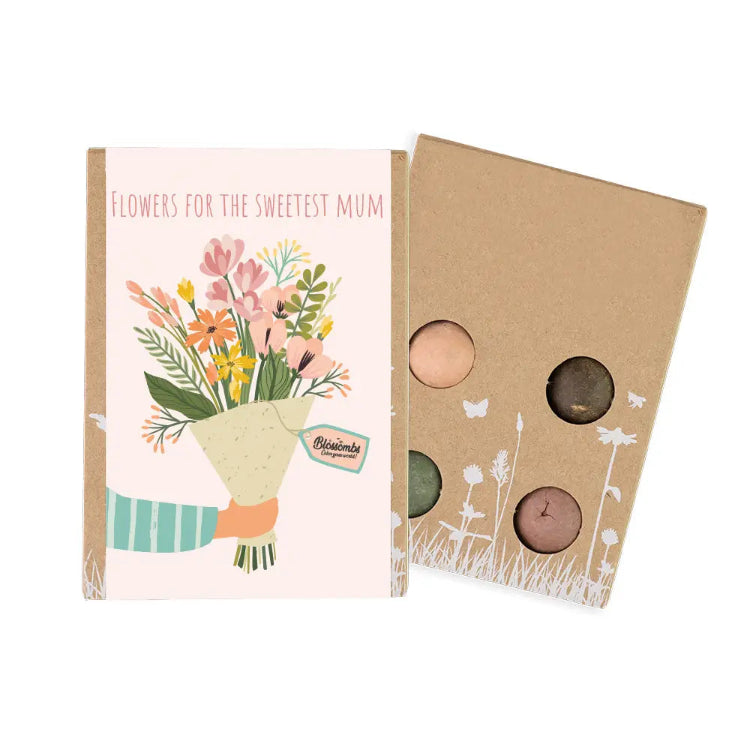 Gaveæske med frøbomber fra Blossombs med teksten Flowers for the sweetest mum til Mors Dag.