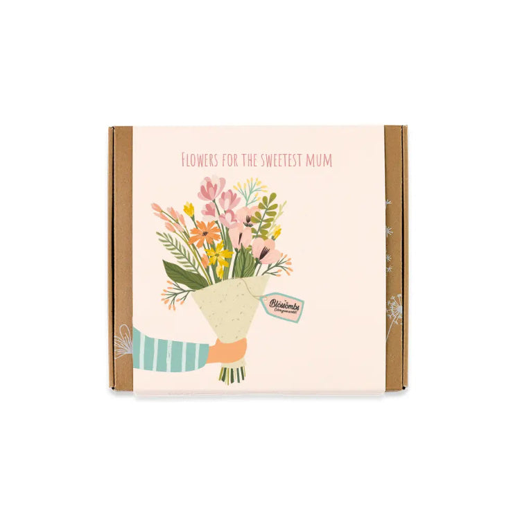 Gaveæske med Blossombs frøbomber og teksten Flowers for the sweetest mum til mors dag.