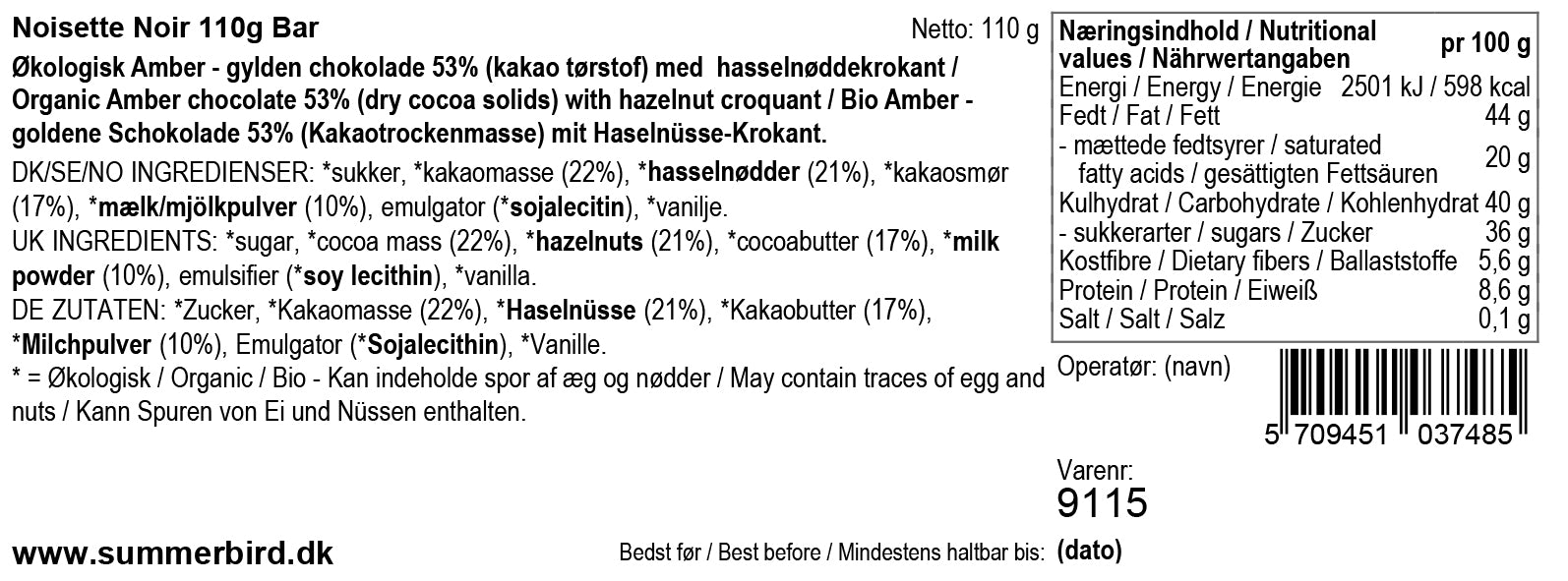Chokoladeplade, Noisette Noir, Summerbird