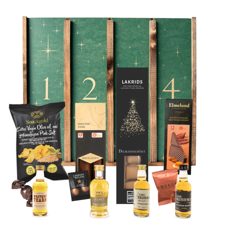 Adventskalender til en der elsker whisky. Indpakket i eksklusiv trækasse med 4 låger og spændende smagsvarianter.
