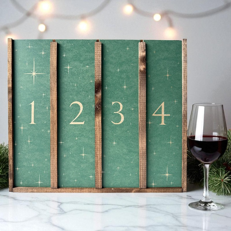 Grøn adventskalender i træramme med rødvin og hyggelig julebelysning.