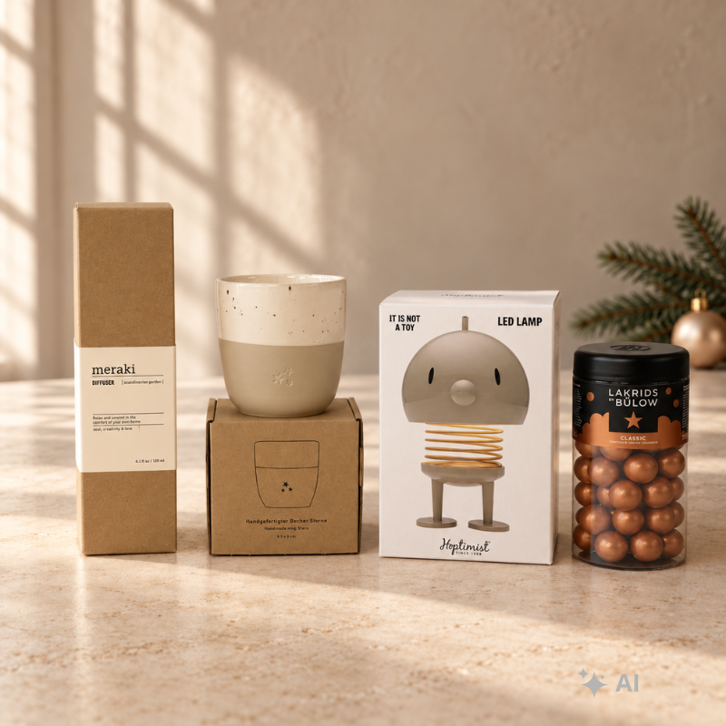 Adventskalender til hende fra Delikatessehuset med Hoptimist Bumble LED lampe, Meraki duftfrisker, kaffekrus og Lakrids by Bülow