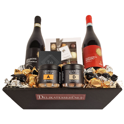 Gavekurv med Amarone og Ripasso, og dansk luksus chokolade.