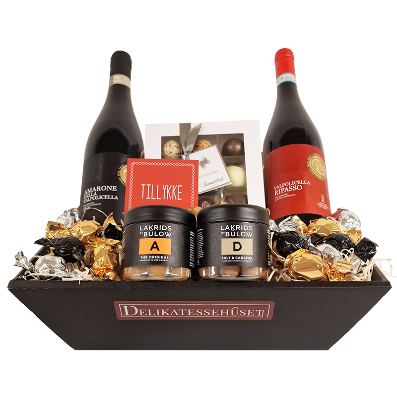 Tillykke gavekurv med Amarone og Ripasso, chokolade og lakrids