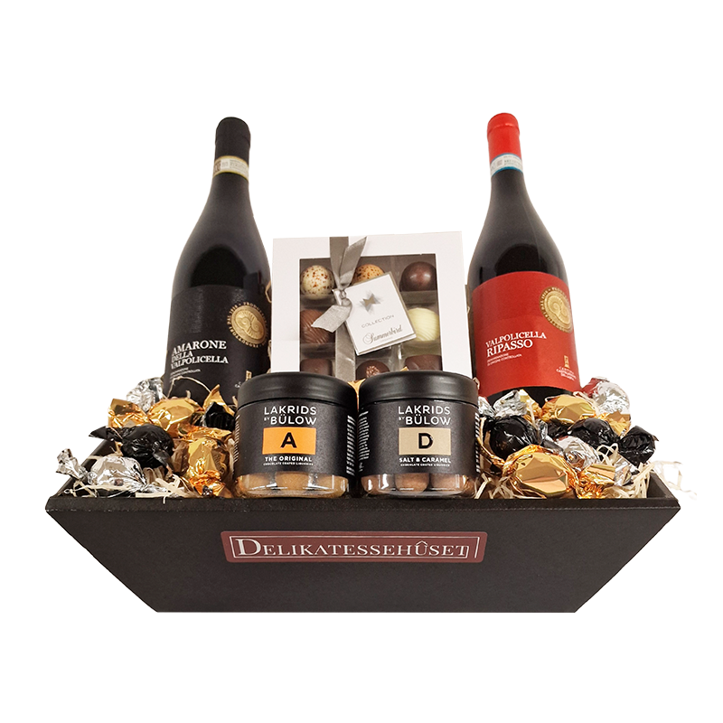 Gavekurv med amarone, ripasso, lakrids og dansk luksuschokolade.