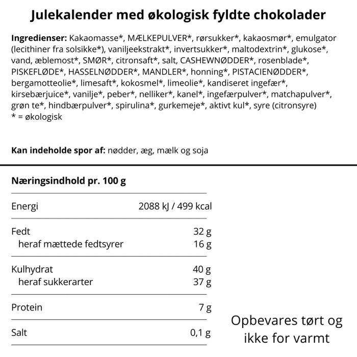 Julekalender med økologiske fyldte chokolader fra Anker Chokolade
