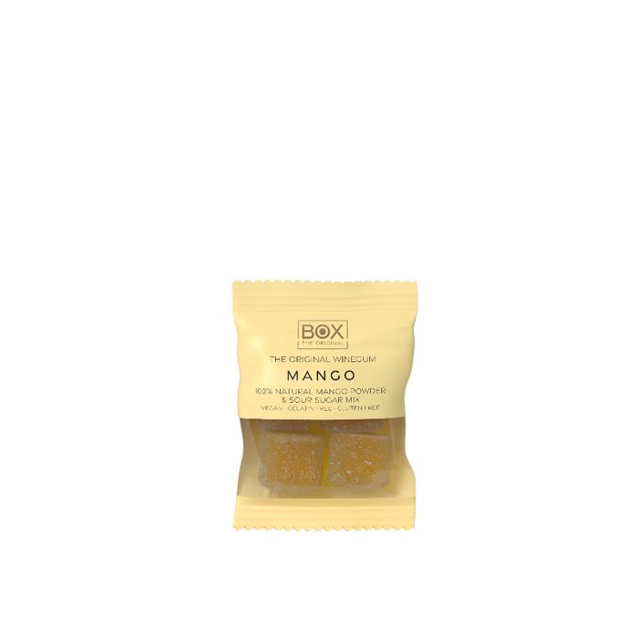Vegansk mango gourmetvingummi uden gelatine, drysset med naturligt mangopulver og sour sugar.