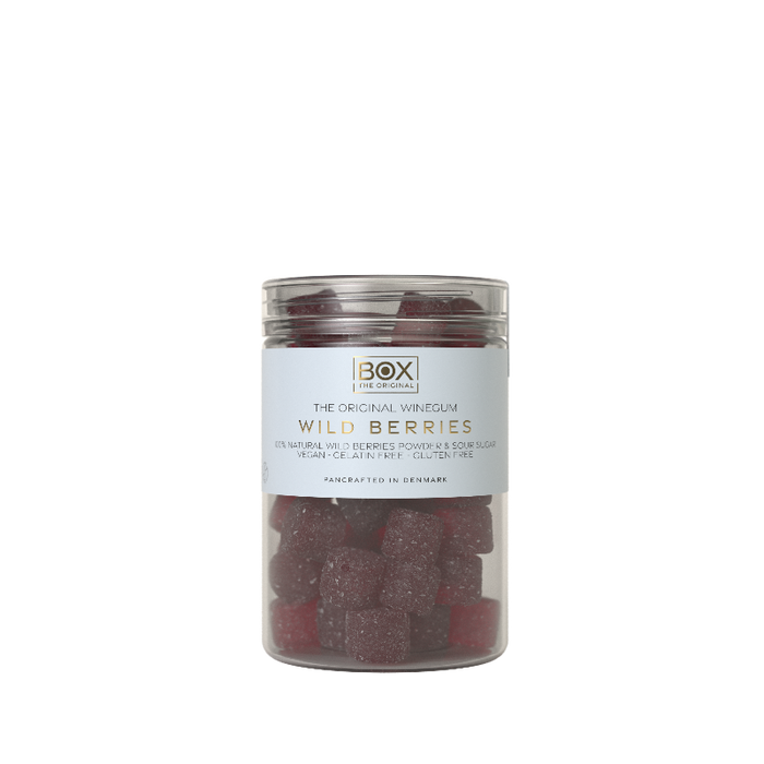 Vegansk skovbær gourmetvingummi uden gelatine, drysset med naturligt skovbærpulver og dækket af syrlig sukkercoating