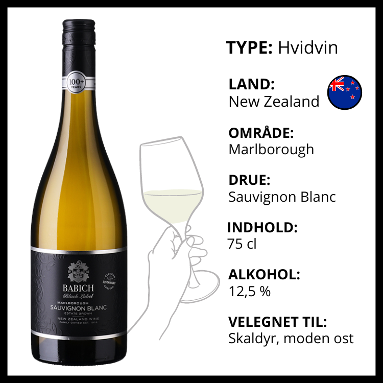 Babich Black Label Sauvignon Blanc hvidvin fra Marlborough i New Zealand til skaldyr og ost.