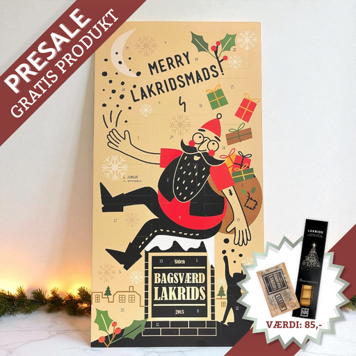 Bagsværd Lakrids julekalender med 24 låger fyldt med forskellig lakrids. Ekstra lakridsprodukter medfølger gratis (værdi op til 85 kr.).	
