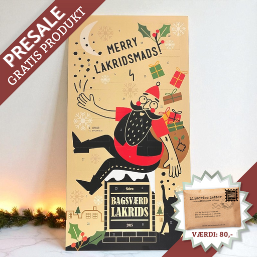 Bagsværd Lakrids julekalender med 24 låger fyldt med forskellig lakrids. Ekstra lakridsprodukter medfølger gratis - Forudbestil her hos Delikatessehuset.