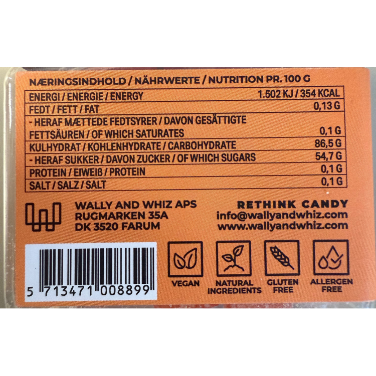 Næringsdeklaration og ingredienser for Wally and Whiz vingummi, herunder vegansk og glutenfri certificering.