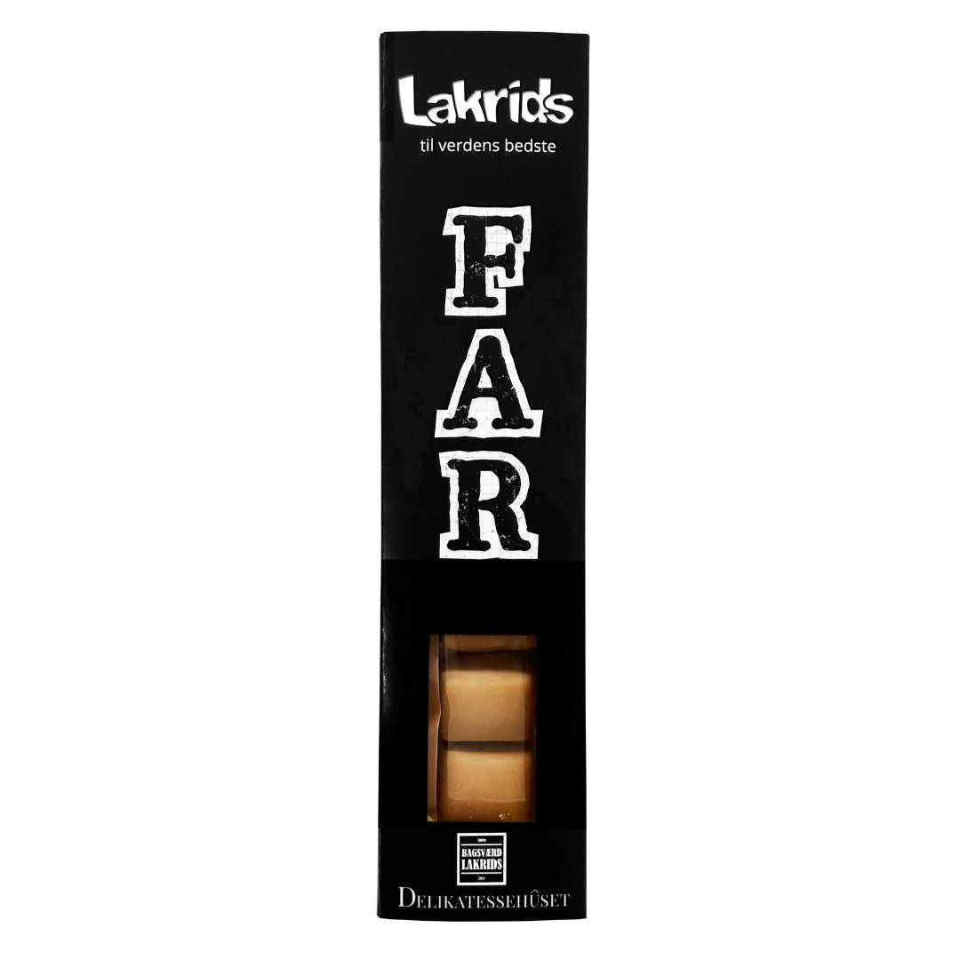 Gaveæske til far med lækker chokoladeovertrukket lakrids. en god gave til fars dag