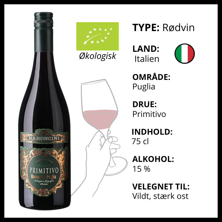 Baroncini økologisk Primitivo Puglia rødvin fra Italien med fakta om drue, alkohol og madparring.